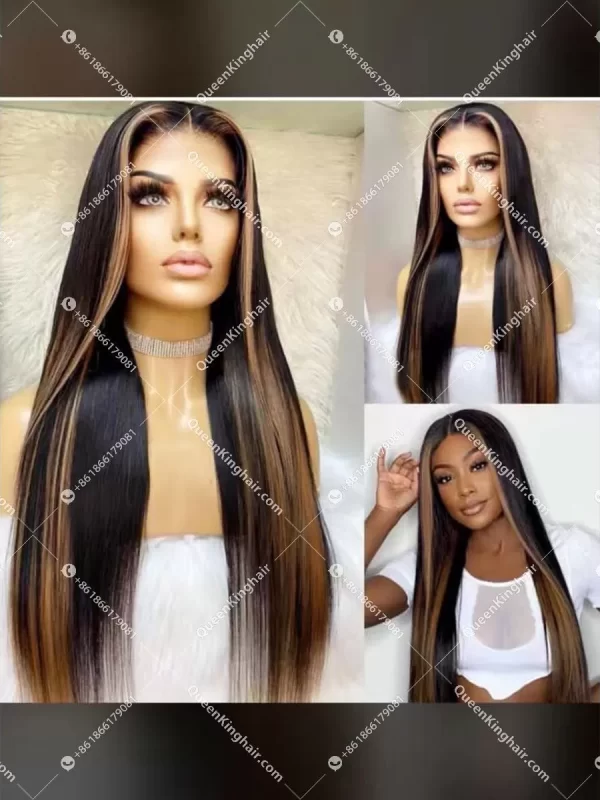 Black with Blonde Custom Color Transparent Lace Small knots LaceFrontWig 150%Density Wavy