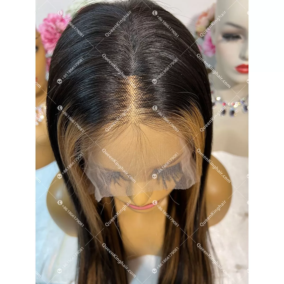 Black with Blonde Custom Color Transparent Lace Small knots LaceFrontWig 150%Density Wavy