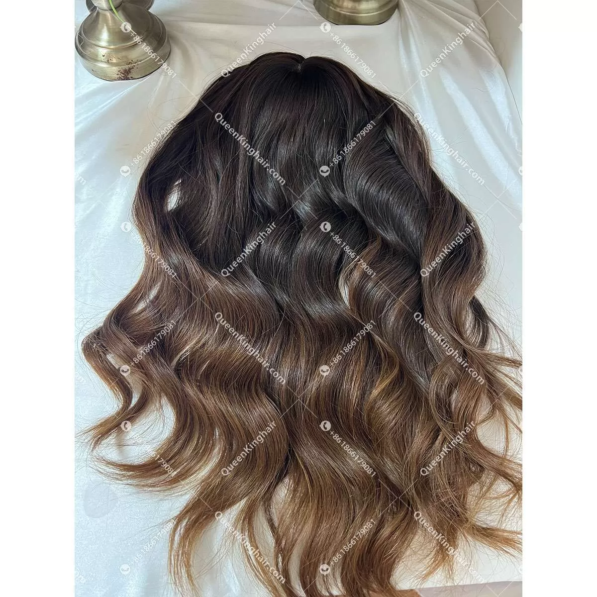 22 inches 8x8 natural ombré brown European virgin hair topper with 4x4 silk base double drawn, no short hair