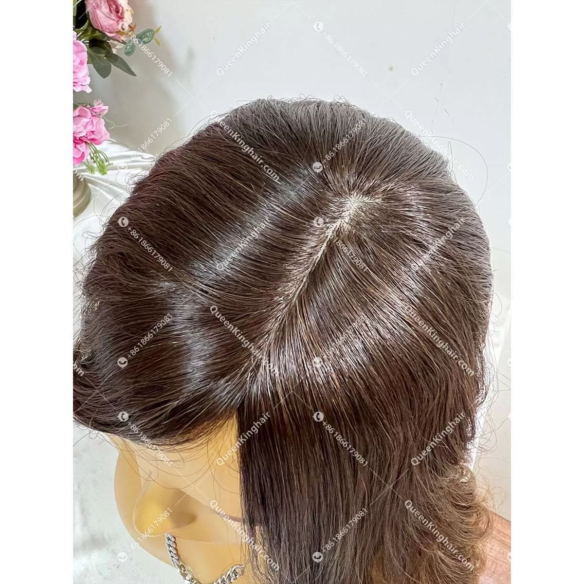 22 inches 8x8 natural ombré brown European virgin hair topper with 4x4 silk base double drawn, no short hair