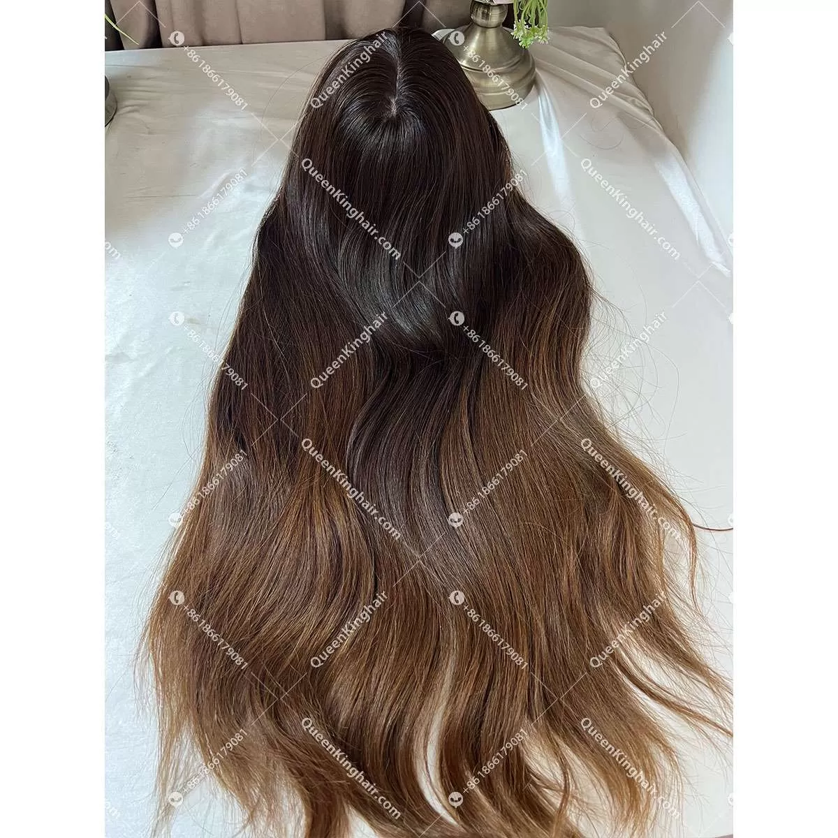 22 inches 8x8 natural ombré brown European virgin hair topper with 4x4 silk base double drawn, no short hair