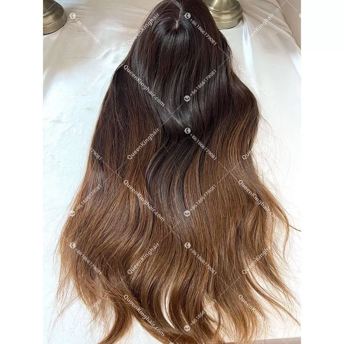 22 inches 8x8 natural ombré brown European virgin hair topper with 4x4 silk base double drawn, no short hair
