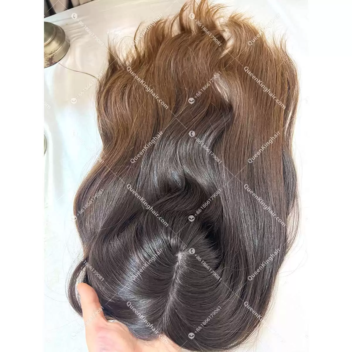 22 inches 8x8 natural ombré brown European virgin hair topper with 4x4 silk base double drawn, no short hair