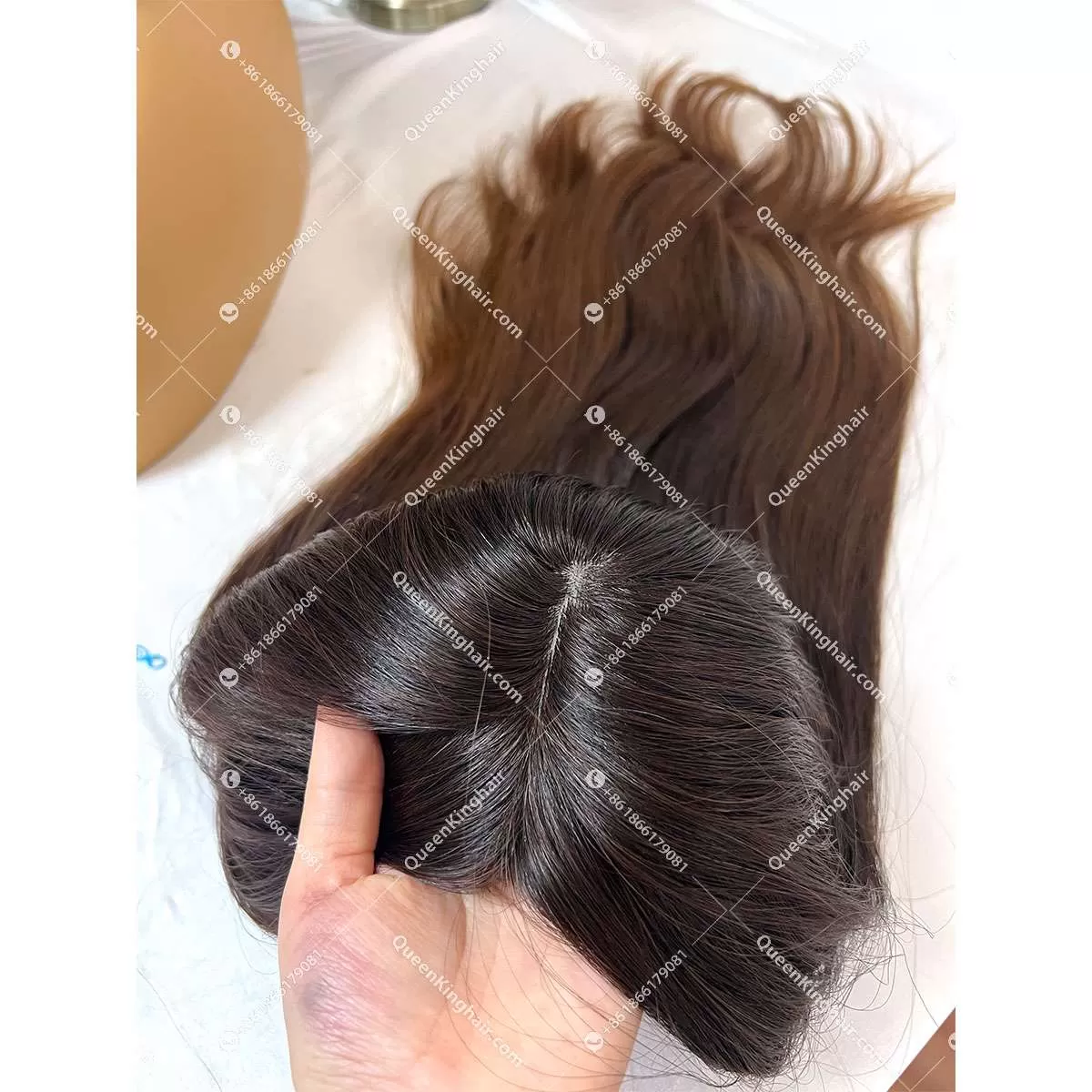 22 inches 8x8 natural ombré brown European virgin hair topper with 4x4 silk base double drawn, no short hair