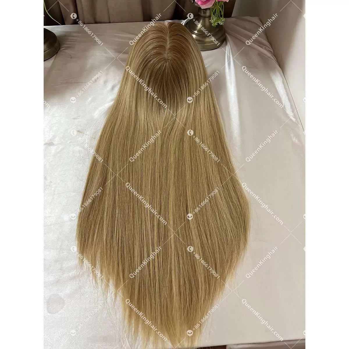 20 inches 8x8 European virgin hair topper with 4x4 silk base double drawn, no short hair