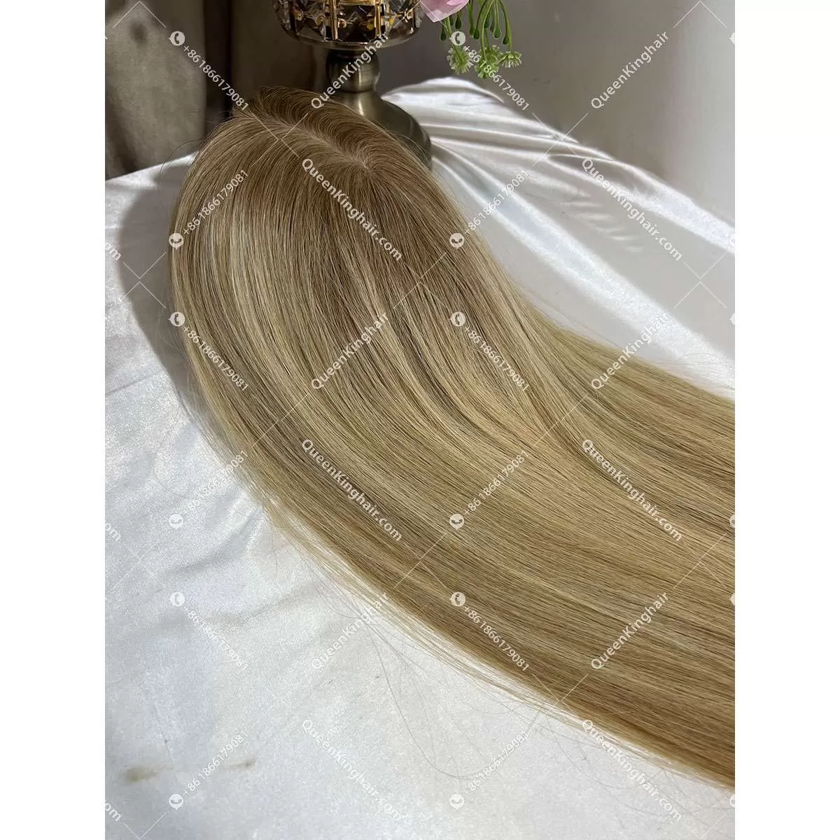 20 inches 8x8 European virgin hair topper with 4x4 silk base double drawn, no short hair