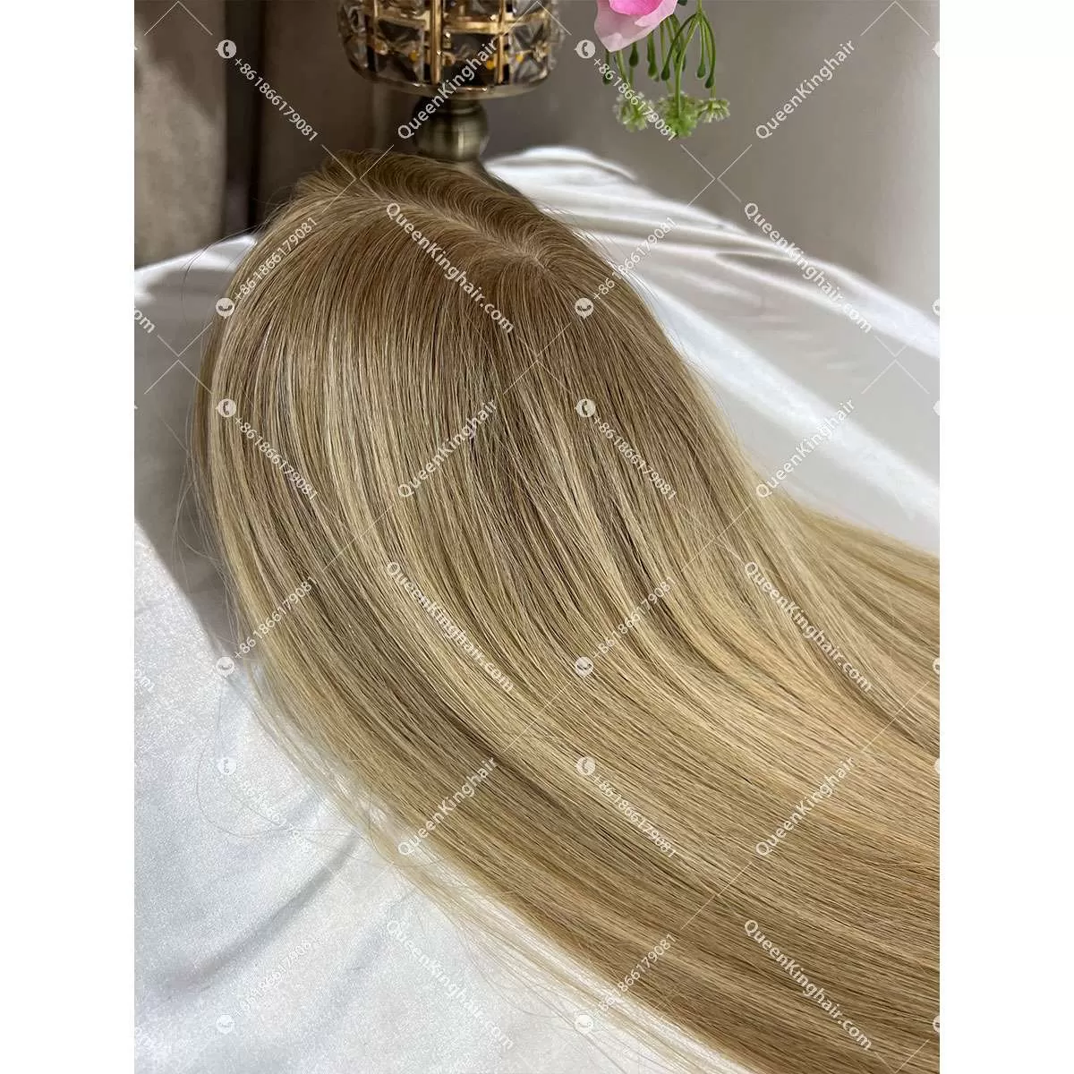 20 inches 8x8 European virgin hair topper with 4x4 silk base double drawn, no short hair