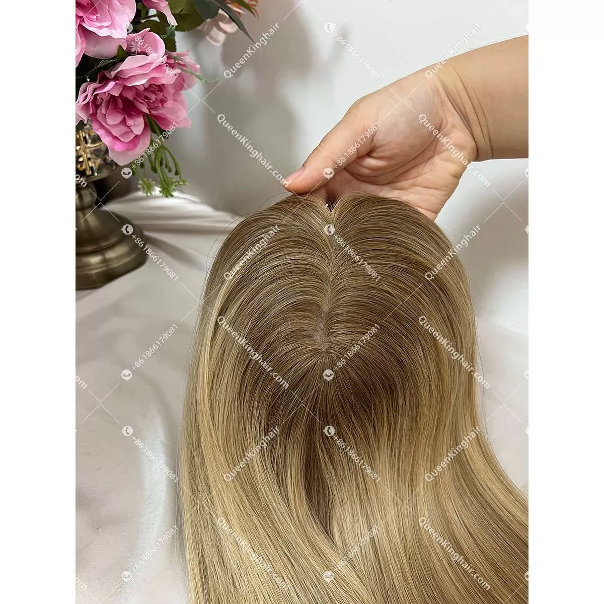 20 inches 8x8 European virgin hair topper with 4x4 silk base double drawn, no short hair