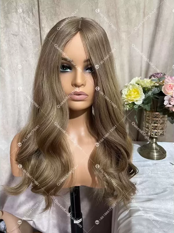 20 inches 8x8 natural ombré ashy brown with blonde lowlight European virgin hair topper with 4x4 silk base double drawn, no short hair