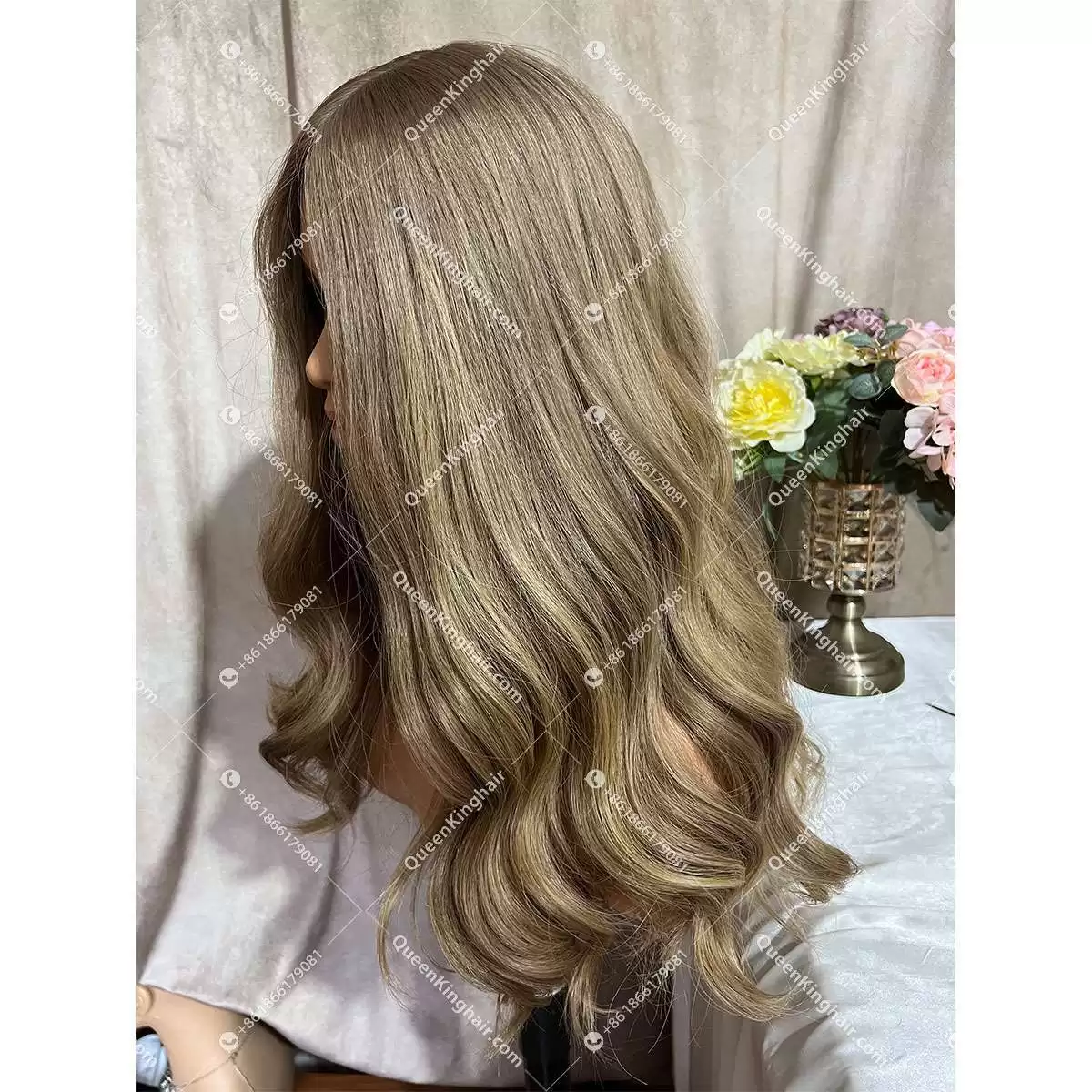 20 inches 8x8 natural ombré ashy brown with blonde lowlight European virgin hair topper with 4x4 silk base double drawn, no short hair
