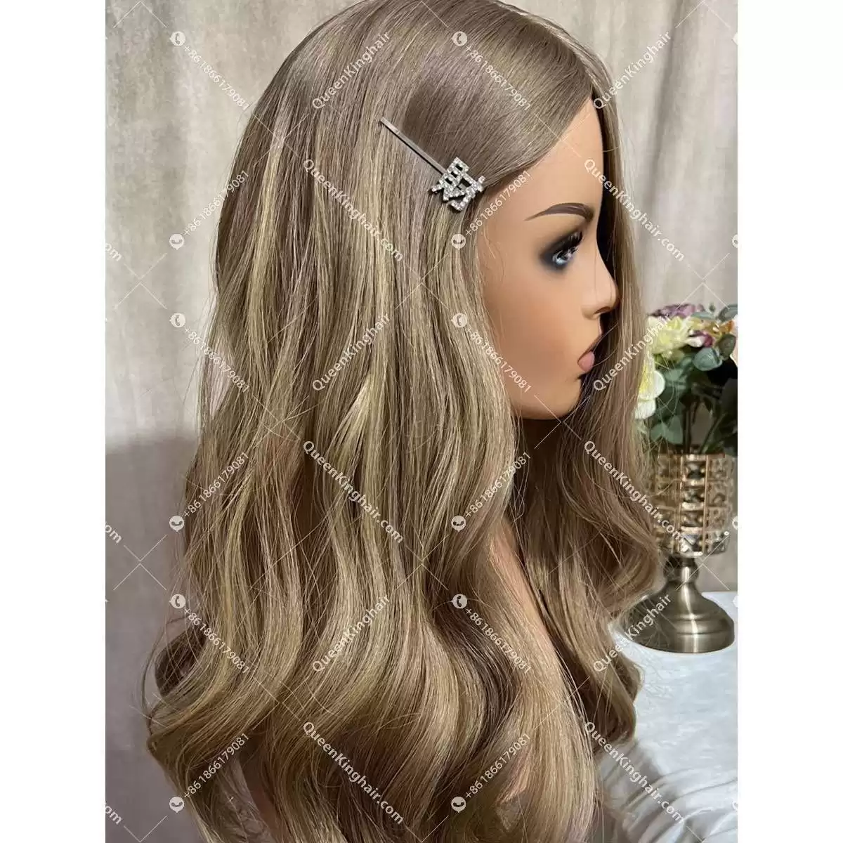 20 inches 8x8 natural ombré ashy brown with blonde lowlight European virgin hair topper with 4x4 silk base double drawn, no short hair