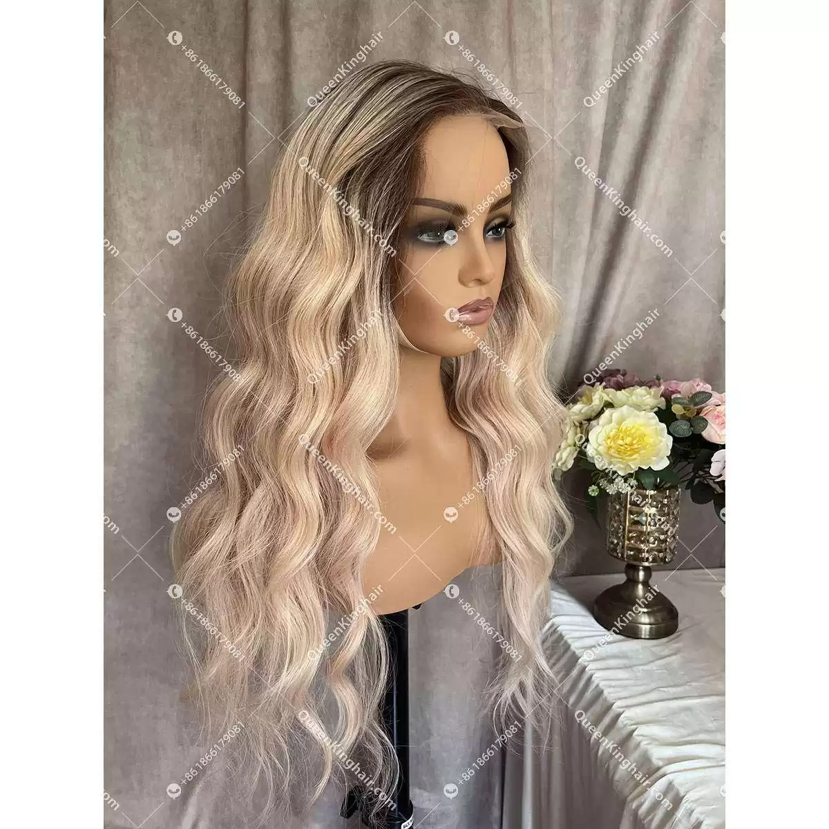22 inches 13x6 150% density transparent lace ombré ashy roots blonde wig