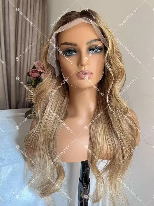Lena transparent lace T part 13x1 lace honey blonde with blonde balayage 150% density brown roots