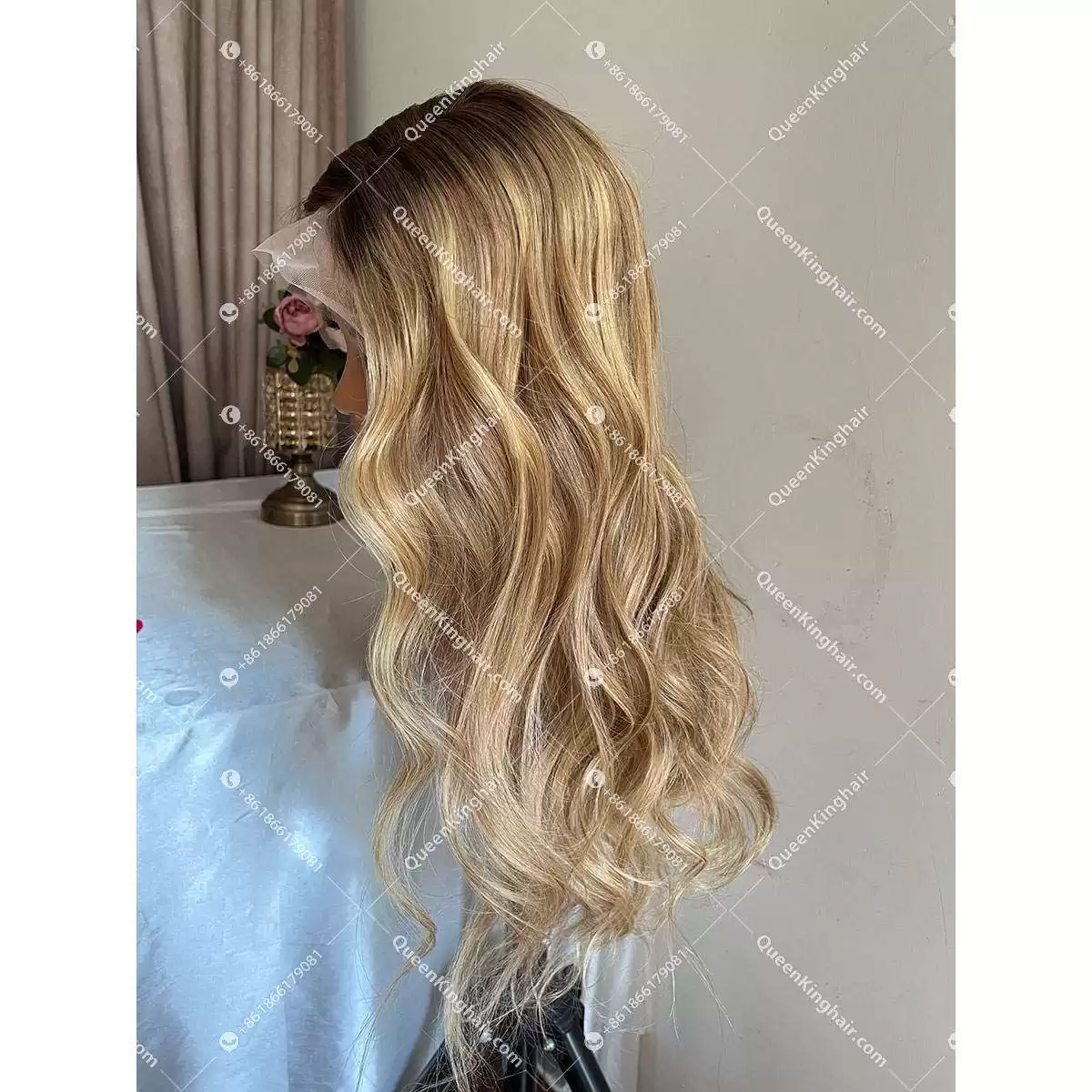 1665464951-01 Lena transparent lace T part 13x1 lace honey blonde with blonde balayage 150% density brown roots