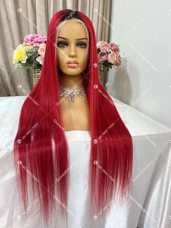 1B/Red 13x6 180% density HD lace Virgin hair frontal wig, Prelucked Hairline