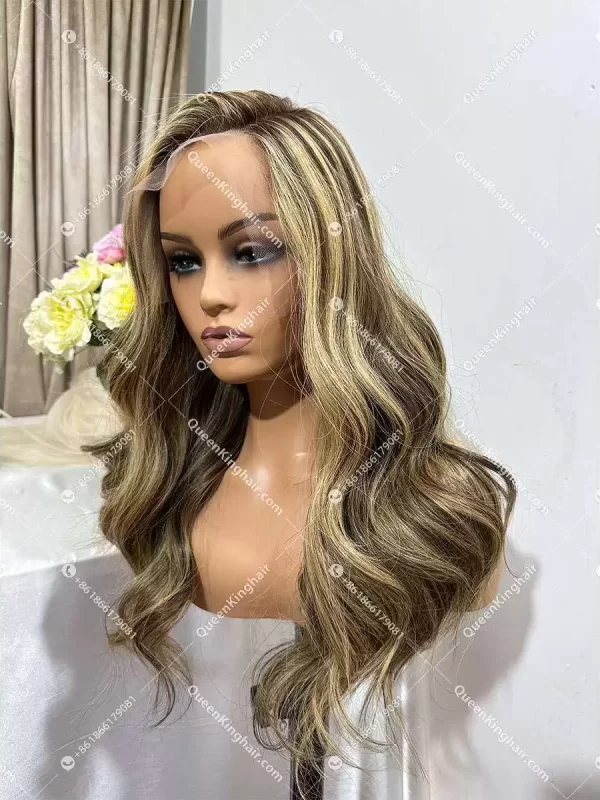 Double Drawn European Virgin Hair Brown with honey blonde Wig 200% Density No short or broken hair
