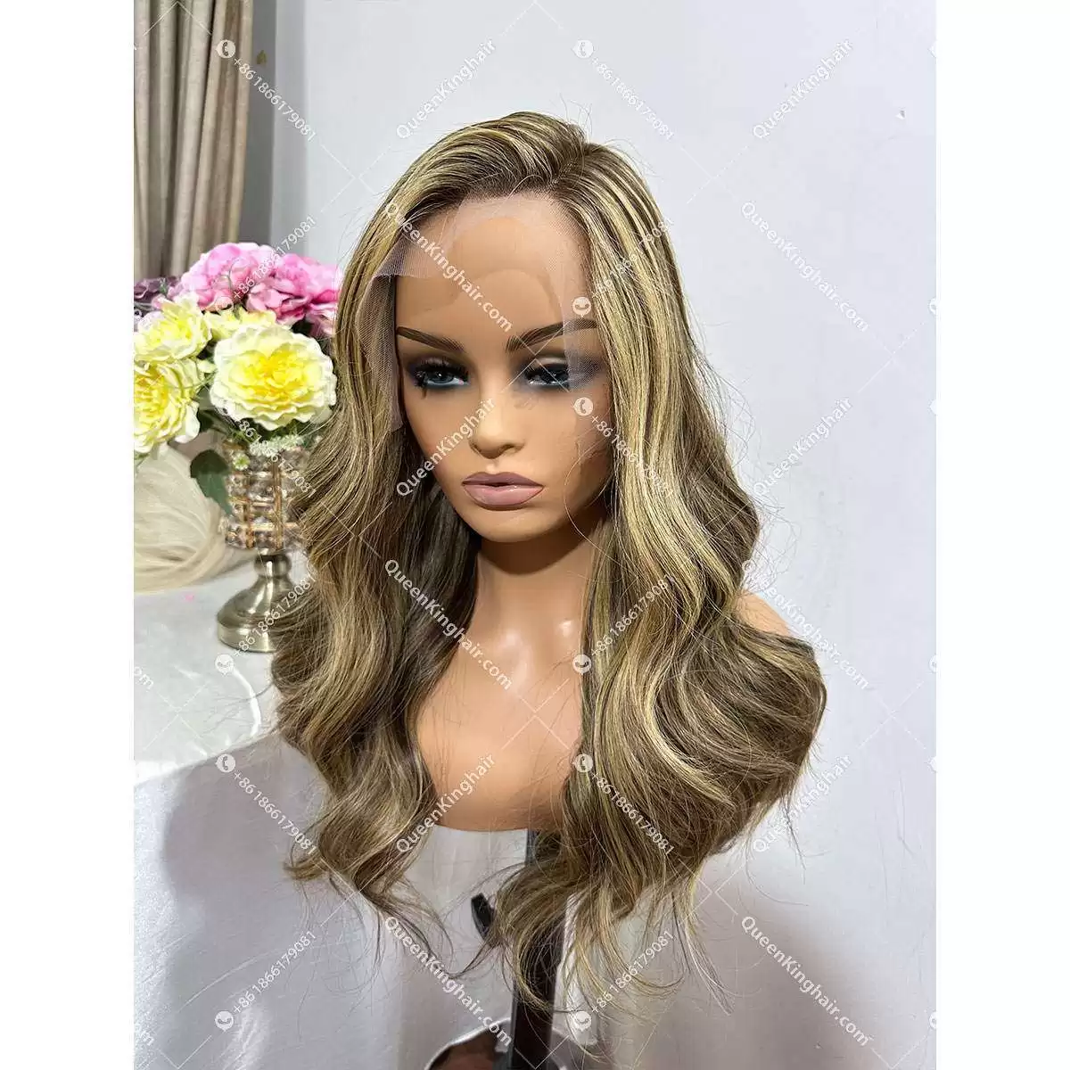 Double Drawn European Virgin Hair Brown with honey blonde Wig 200% Density No short or broken hair