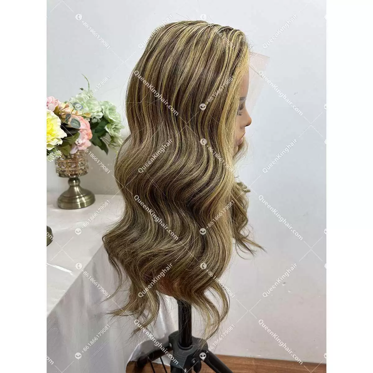Double Drawn European Virgin Hair Brown with honey blonde Wig 200% Density No short or broken hair