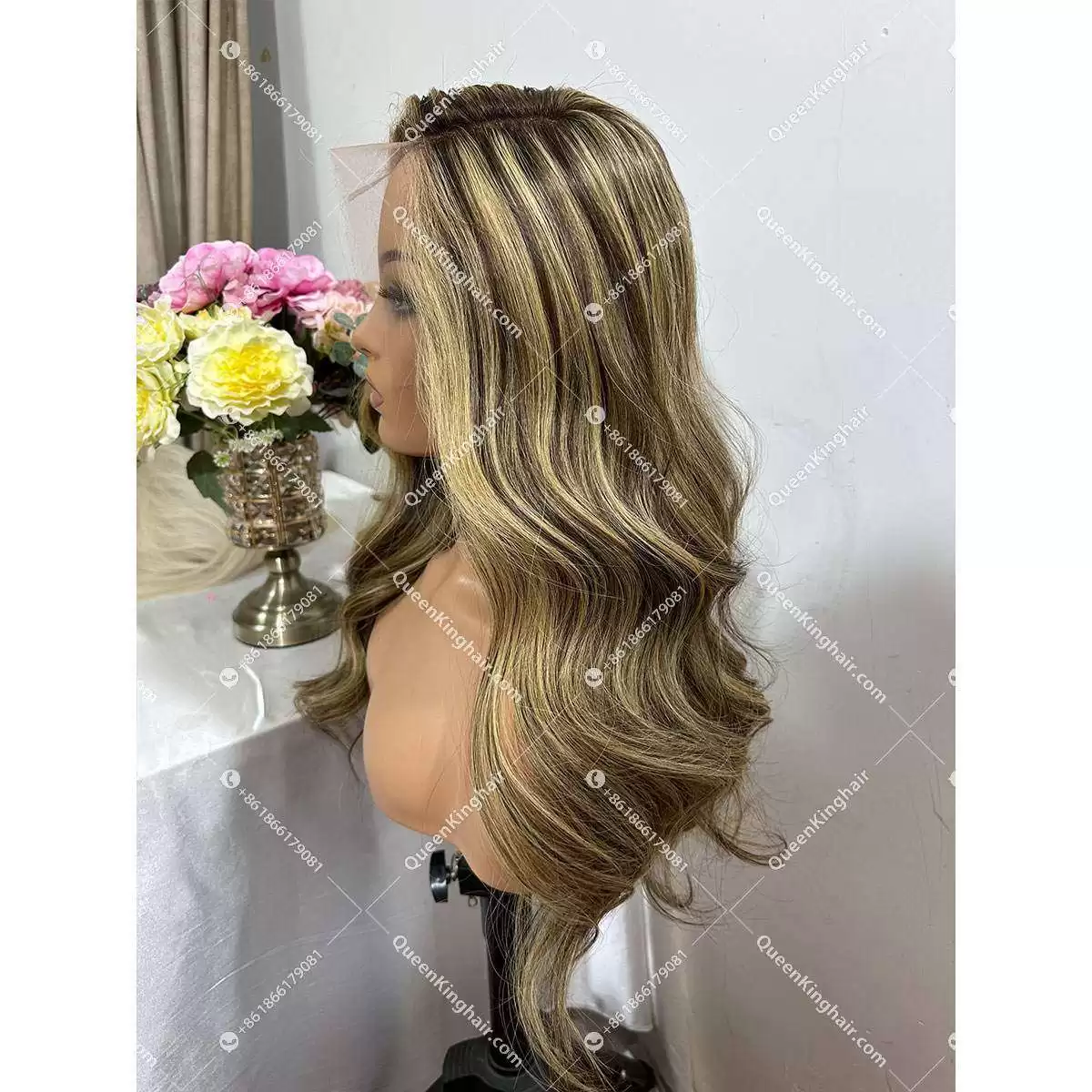 Double Drawn European Virgin Hair Brown with honey blonde Wig 200% Density No short or broken hair