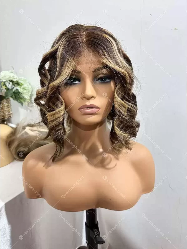 12 4x4 closure wig 180% density 4/27 dark brown with blonde highlights transparent lace