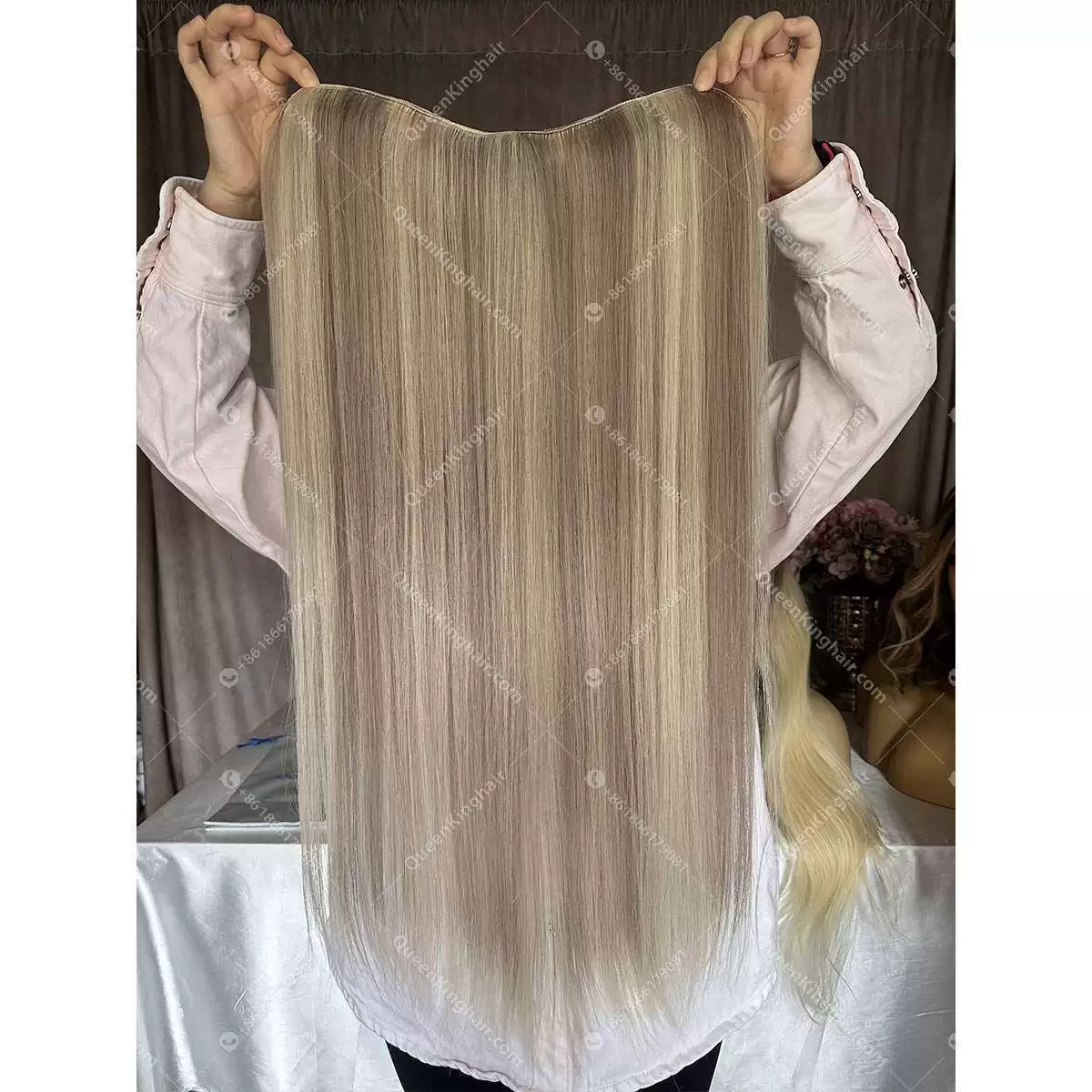 Ombré balayage blonde and ashy brown color double drawn virgin hair wig Jewish wig silk base on top