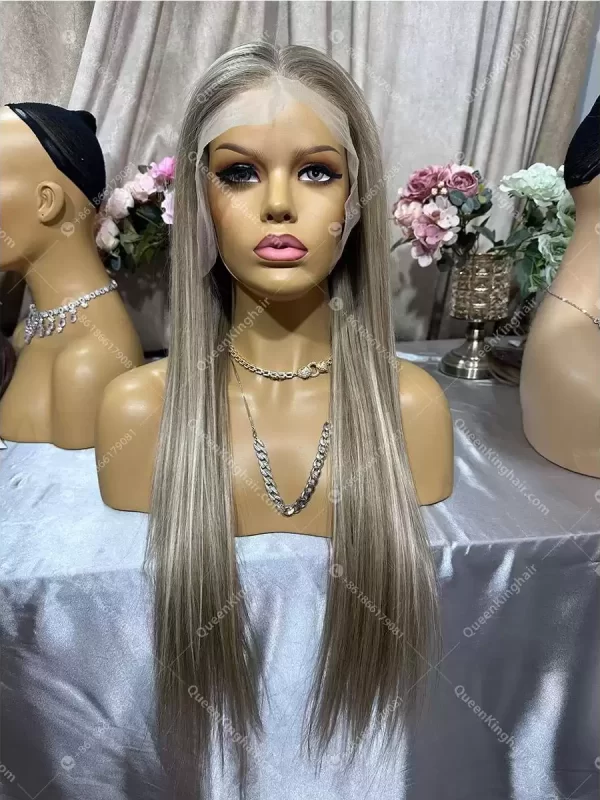 Khloe 13x6 transparent lace ashy brown roots with brown and blonde balayage 150% density