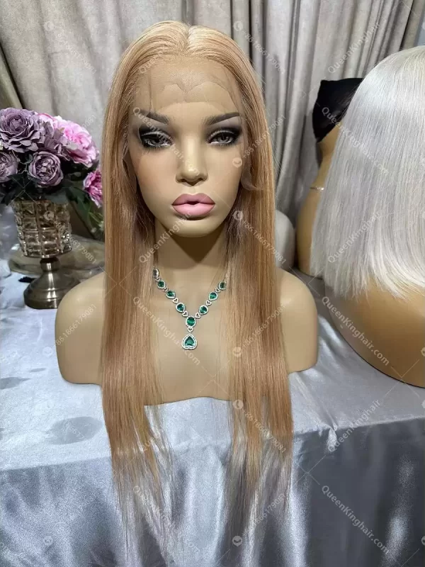 Honey blonde 13x6 130% density dark brown lace virgin hair wig