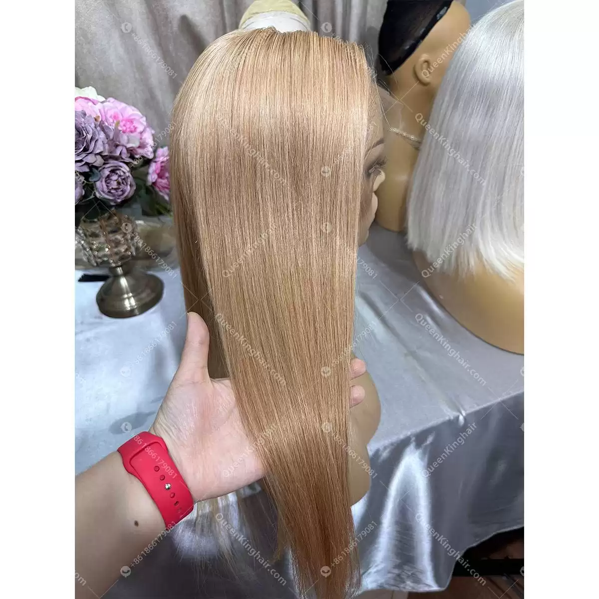 1684154884-03 Honey blonde 13x6 130% density dark brown lace virgin hair wig