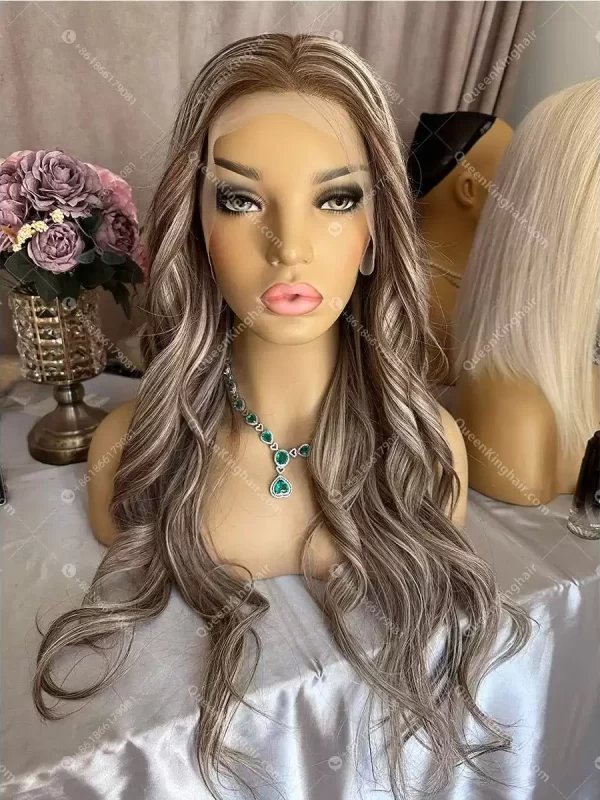 Dark brown with ash blonde balayage, brown roots ombré hair 13x6 transparent lace free shipping Wavy