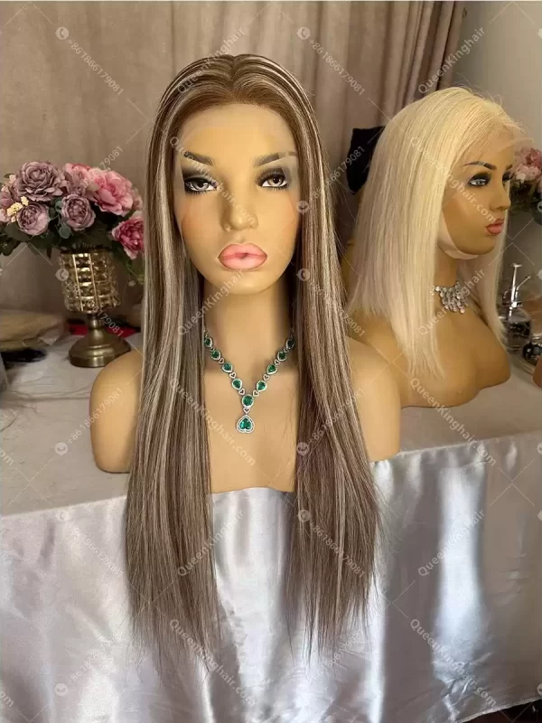 Dark brown with ash blonde balayage, brown roots ombré hair 13x6 transparent lace free shipping Straight