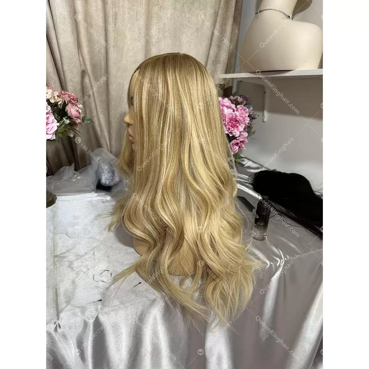 24 inches double drawn European virgin hair Jewish wig silk base blonde balayage