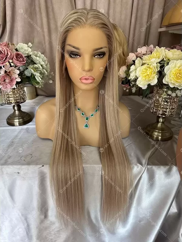 28 inches 13x6 Hd lace Khloe 150% density ashy brown with light blonde balayage