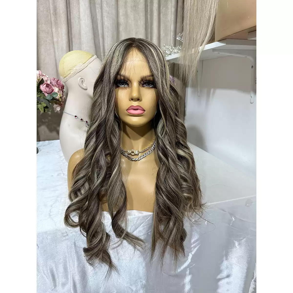 24 inches 13x4 Hd lace double drawn virgin hair brunette color dark brown with blonde balayage
