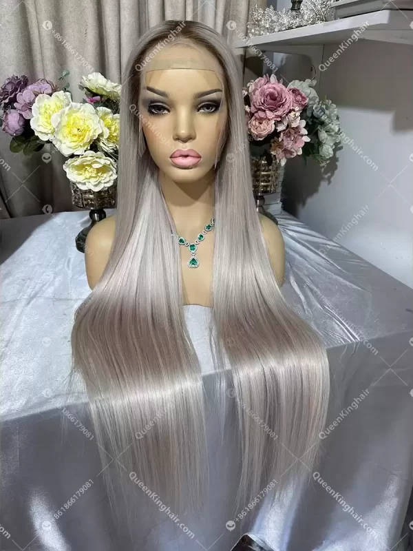 30 inches 13x6 Hd lace 200% density ombre white blonde with brown roots straight