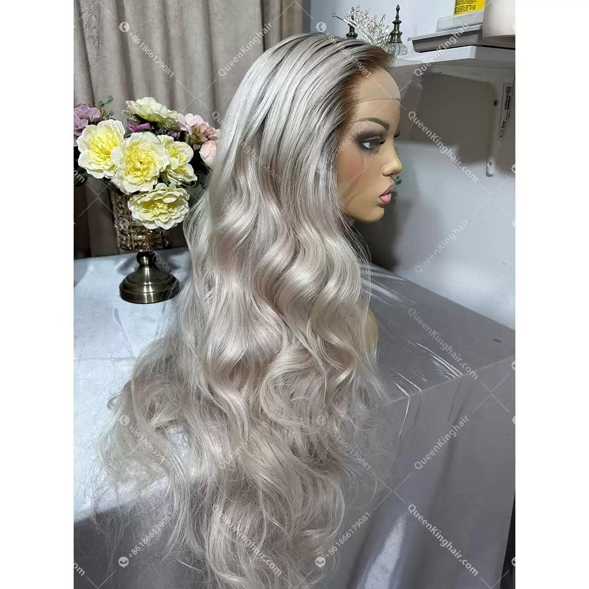 30 inches 13x6 Hd lace 200% density ombre white blonde with brown roots wavy