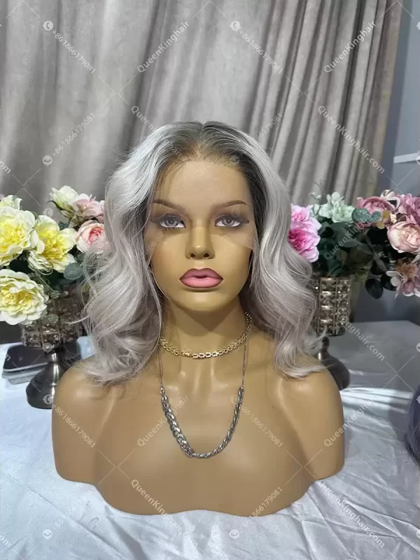 1703053466-08 Ombré ashy blonde bob ashy brown roots 13x6 transparent lace wavy