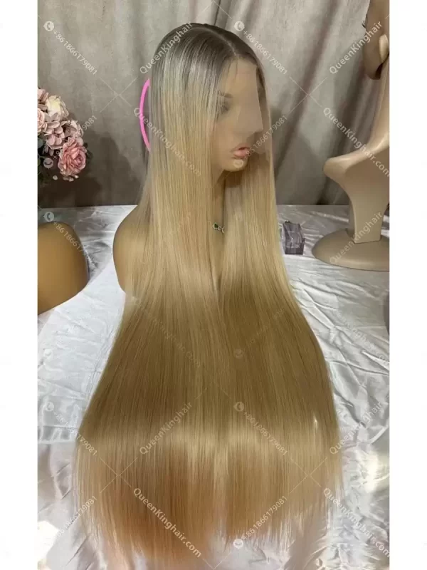 Double drawn virgin hair 13x6 transparent lace Smokey gray roots ombré blonde hair