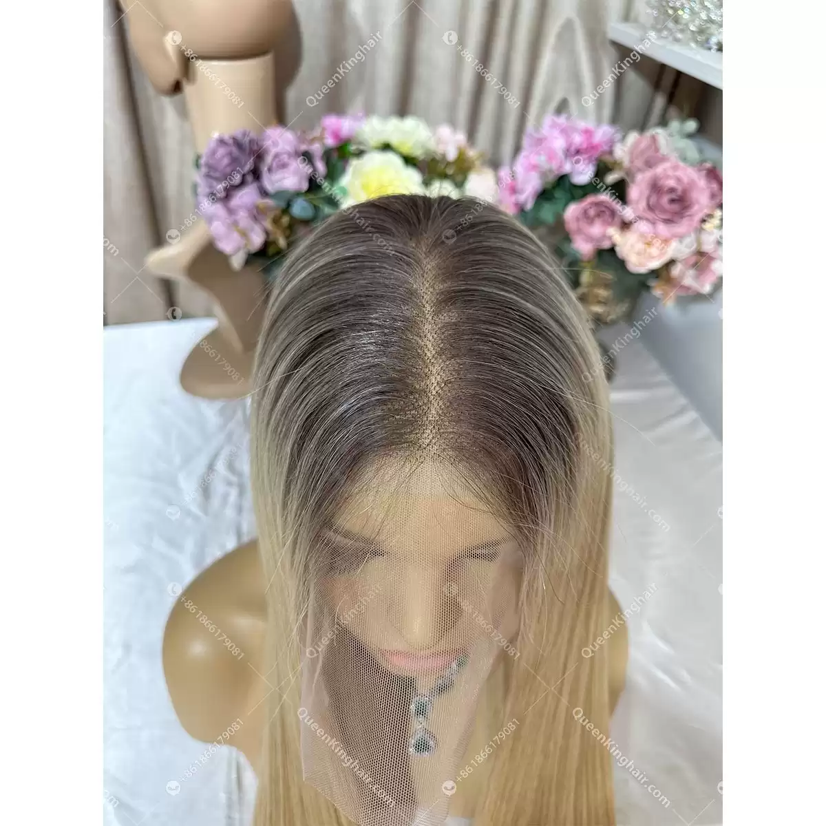 Double drawn virgin hair 13x6 transparent lace Smokey gray roots ombré blonde hair