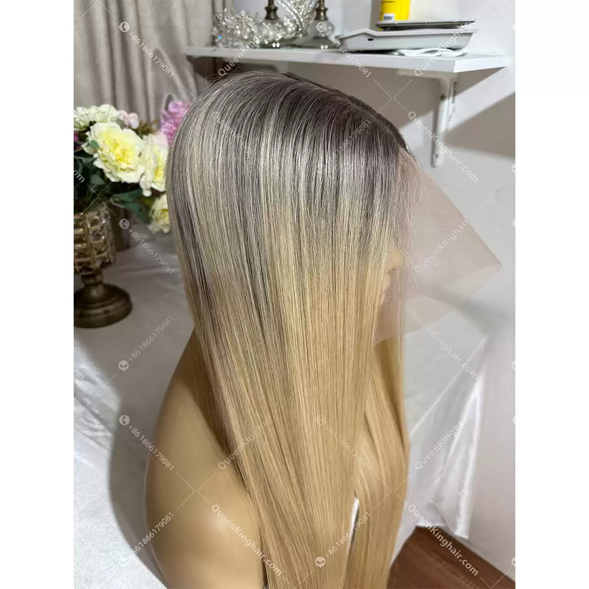 Double drawn virgin hair 13x6 transparent lace Smokey gray roots ombré blonde hair