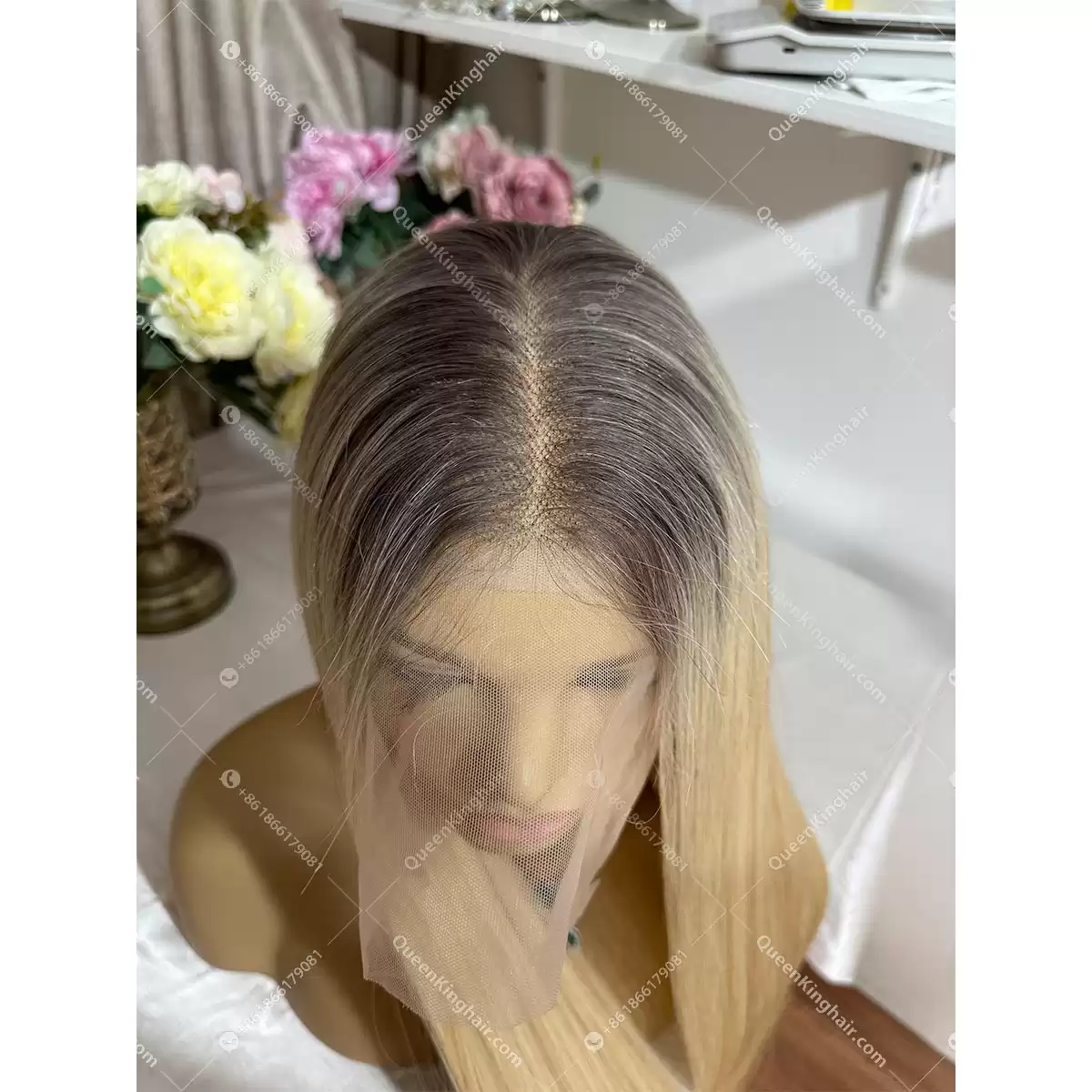 Double drawn virgin hair 13x6 transparent lace Smokey gray roots ombré blonde hair