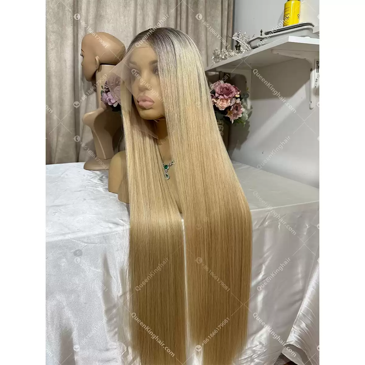 Double drawn virgin hair 13x6 transparent lace Smokey gray roots ombré blonde hair