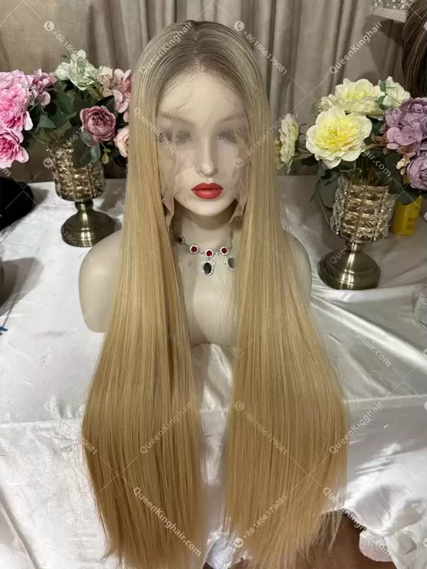 30 inches ombré blonde Smokey grey roots 13x6 With 5x5 Silk Base double drawn virgin hair 300 grams