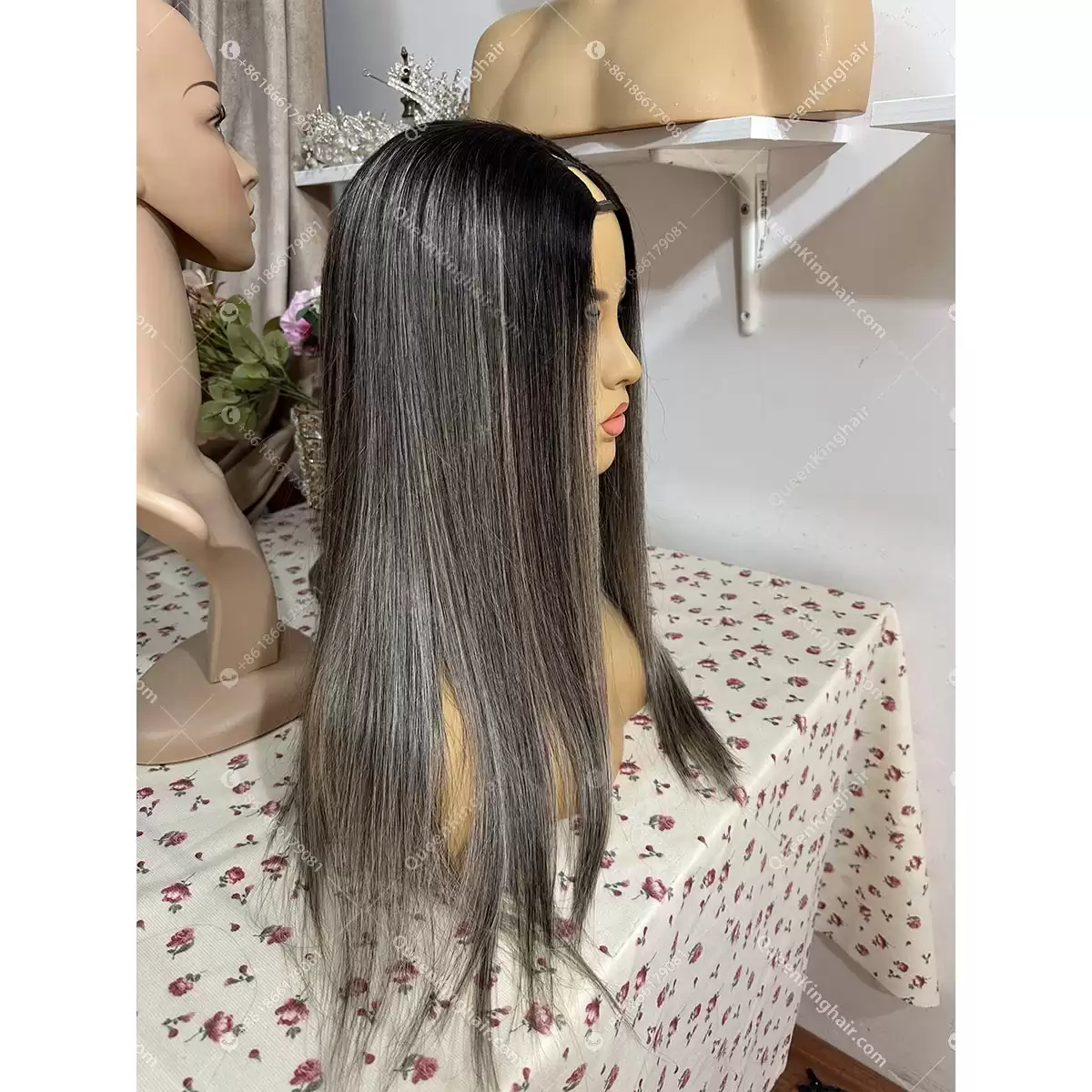 20 inches v part medium size cap with 3 clips inside the cap 200 grams dark brown with blonde highlights wavy