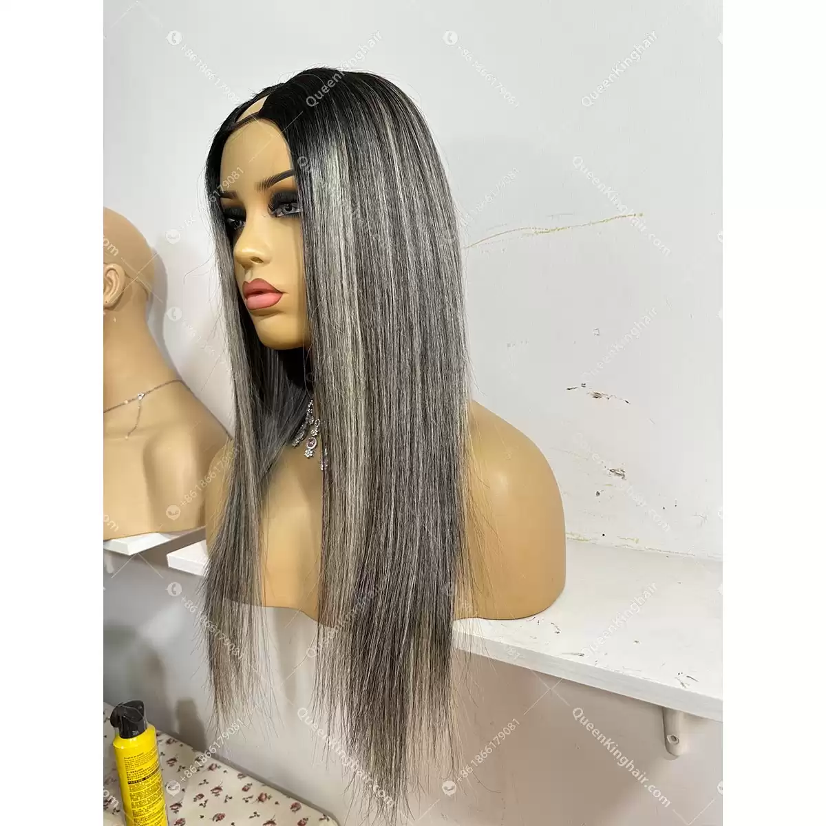 20 inches v part medium size cap with 3 clips inside the cap 200 grams dark brown with blonde highlights wavy