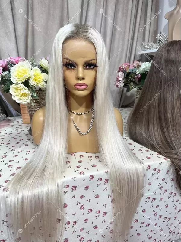 Ombré white blonde remy hair 13x6 transparent lace and Hd lace ashy brown roots