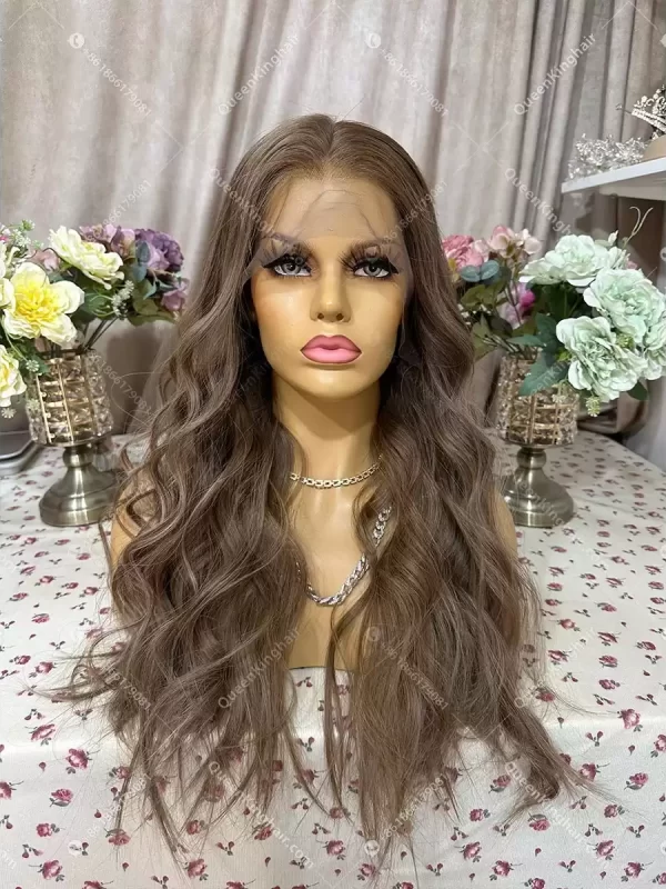 Brunette color wig dark brown with some honey blonde balayage 13x6 double drawn virgin hair