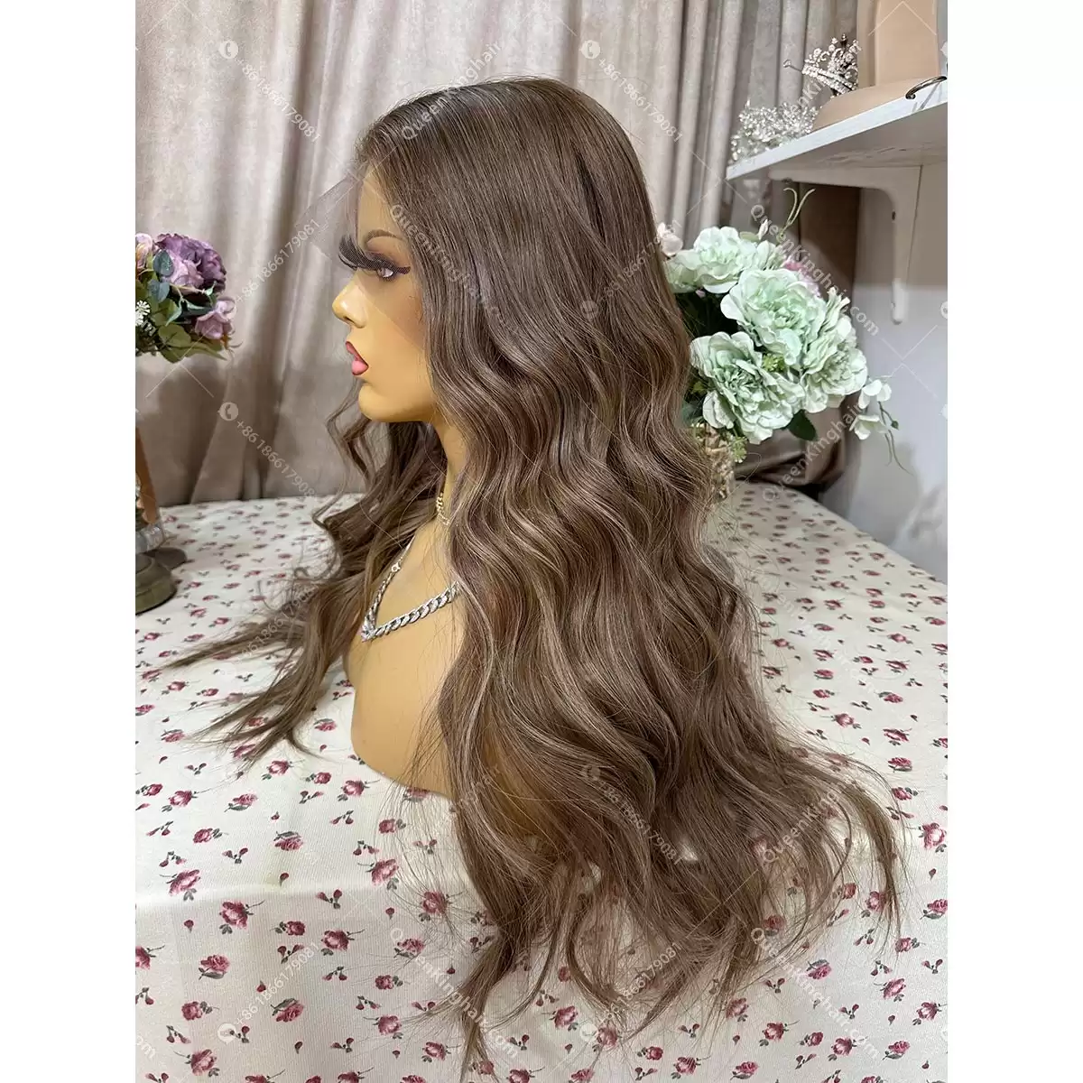 Brunette color wig dark brown with some honey blonde balayage 13x6 double drawn virgin hair