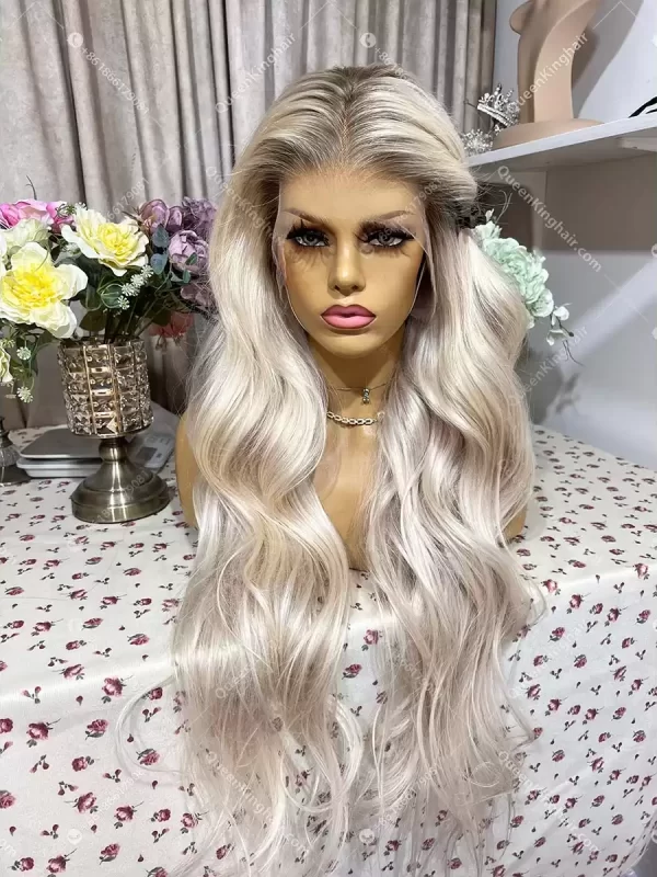 Ombré white blonde remy hair 13x6 transparent lace and Hd lace ashy brown roots