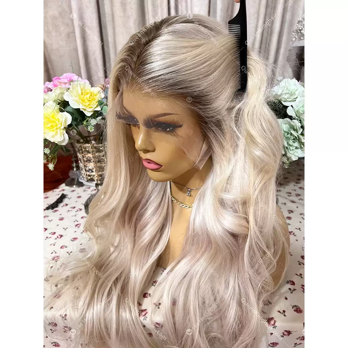 Ombré white blonde remy hair 13x6 transparent lace and Hd lace ashy brown roots