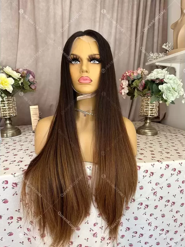 Ombré brunette color 13x6 double drawn virgin hair transparent lace natural color roots with brown ends straight